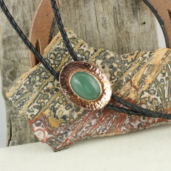 Handmade Copper And Sterling Silver, Natural Aventurine Bolo Tie For Men And Women
