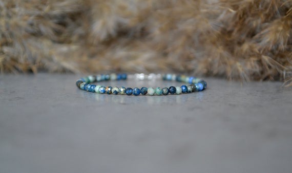 Azurite Bracelet - Bracelet Femme, Genuine Azurite Jewelry, 3mm Bead Bracelet, Sterling Silver, Blue Azurite Bracelet, Green Crystal Jewelry