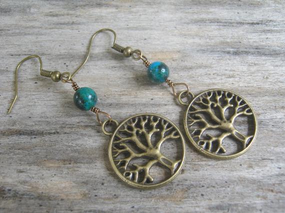 Tree Of Life Earrings, Azurite Malachite Earrings, Nature Jewelry, Woodland Earrings, Boho Earrings, Blue Green & Bronze
