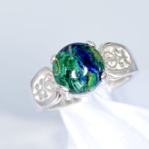 Shop Azurite Rings! Azurite/Malachite Ring, 7.5mm Round Cabochon Genuine Gemstone, Set in 925 Sterling Silver Filigree Mounting | Natural genuine Azurite rings, simple unique handcrafted gemstone rings. #rings #jewelry #shopping #gift #handmade #fashion #style #affiliate #ad