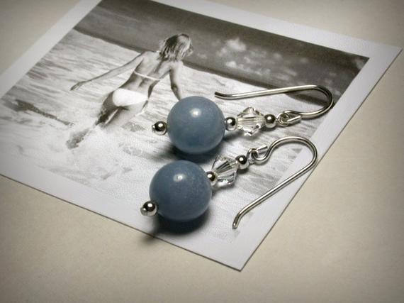 Baby Blue Earrings, Angelite Earrings, Sterling Silver, Blue Dangle, Crystal Beads, Nautical, Resort, Genuine Angelite, Silver Earrings