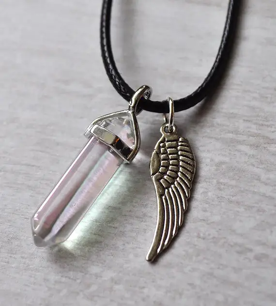 Beautiful Angel Aura Quartz Pendant Necklace With Antique Style Silver Plated Angel Wing, Reiki, Healing, Crystal, Ladies Gift, Gift Boxed