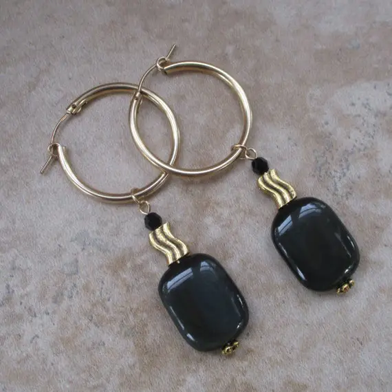 Black Hoop Earrings | Rainbow Obsidian Hoop Earrings | Medium-sized Black And Gold Hoop Earrings