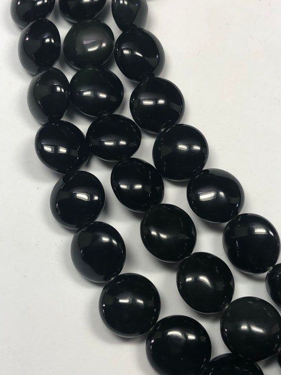 Black Obsidian Gemstone Beads. Full 15" Strand Of 14mm Puffed Coin Beads, About 28 Beads Per Strand. Black With Some Rainbow Flash.