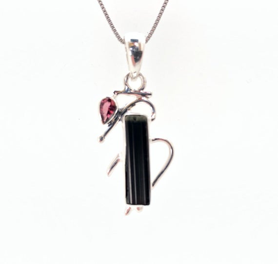 Black Tourmaline Silver Pendant 30mm // Pink And Black Tourmaline Pendant // Tourmaline Pendant // 925 Sterling Silver