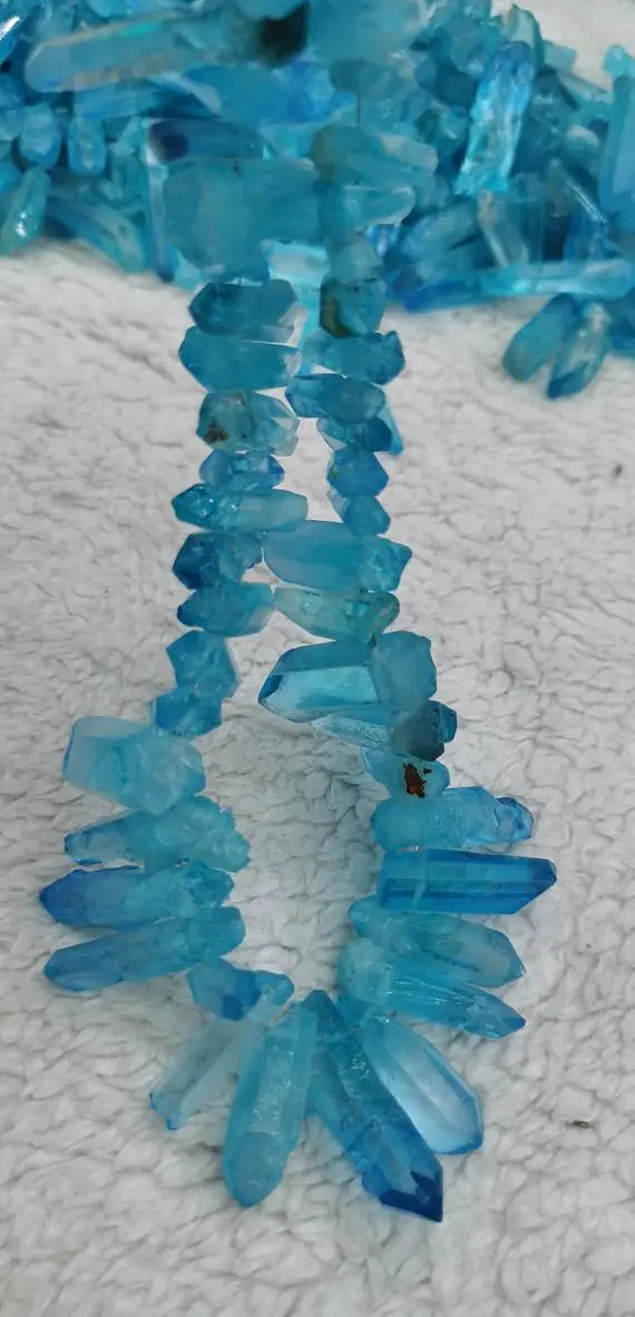 Blue Aura Crystal  Natural Crystal Point Beads Clear Transparent Stick Beads Raw Long Teeth Beads 16inch