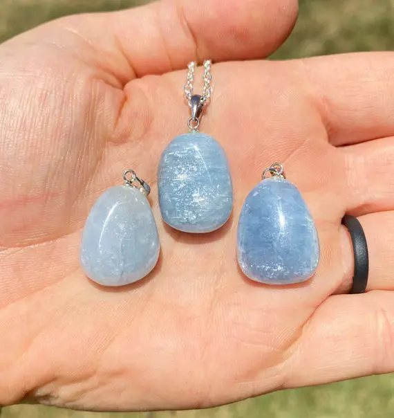 Blue Celestite Crystal Pendant - Tumbled Teardrop Pendant - Polished Celestite Stone Necklace - Celestite Jewelry - Healing Crystal Necklace