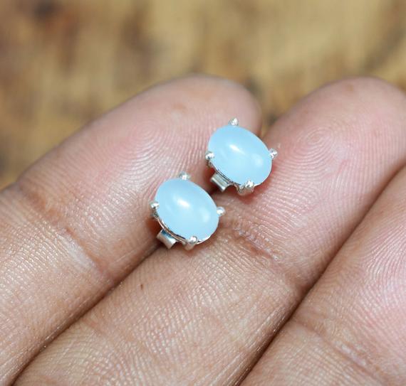 Blue Chalcedony 925 Sterling Silver Oval Shape Stud Earring