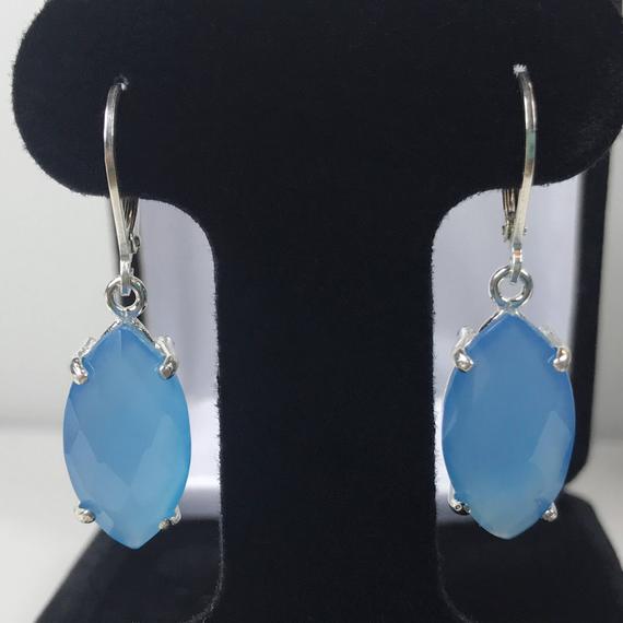 Genuine 13ct Marquise Cut Turquoise Blue Chalcedony Earrings Sterling Silver Leverback Dangle Trending Jewelry Gifts Mom Wife Bride Bridal