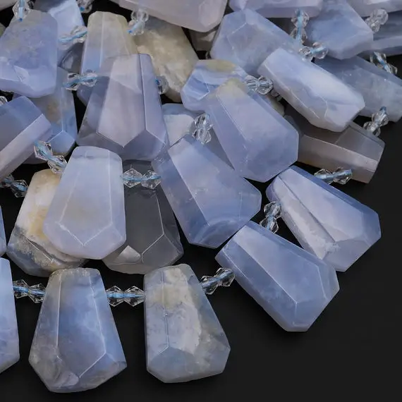 Natural Blue Chalcedony Faceted Trapezoid Rectangle Cushion Beads Unique Tapered Teardrop Shape Cut Good For Focal Pendant 15.5" Strand