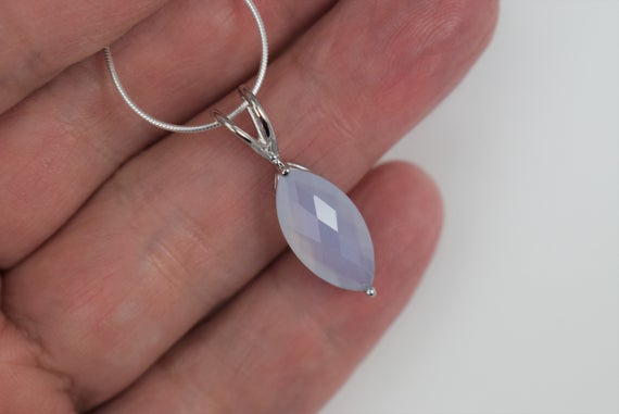 Natural Blue Chalcedony Faceted Marquis Pendant Necklace (sterling Silver) - 16 X 8 Mm