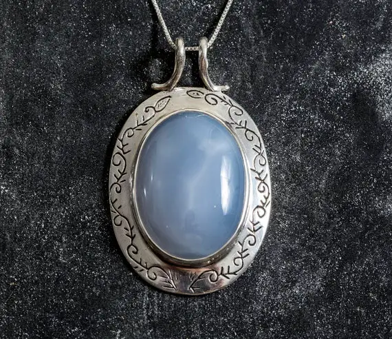 Chalcedony Pendant, Natural Chalcedony Necklace, Blue Chalcedony Pendant, Silver Statement Pendant, Vintage Silver Pendant, Rare By Adina