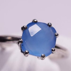 Shop Blue Chalcedony Rings! Blue Chalcedony Ring,Genuine Gemstone 8mm Cushion Checkerboard Cut, Set in 925 Sterling Silver Solitaire Ring | Natural genuine Blue Chalcedony rings, simple unique handcrafted gemstone rings. #rings #jewelry #shopping #gift #handmade #fashion #style #affiliate #ad