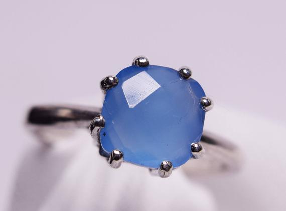 Blue Chalcedony Ring,genuine Gemstone 8mm Cushion Checkerboard Cut, Set In 925 Sterling Silver Solitaire Ring