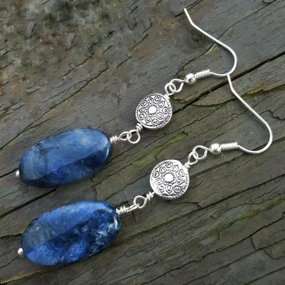 Blue Flower Dumortierite Stone Large Silver Statement Earrings | Cobalt Blue Natural Gemstone Third Eye Chakra Stone, Nature Jewelry For Mom