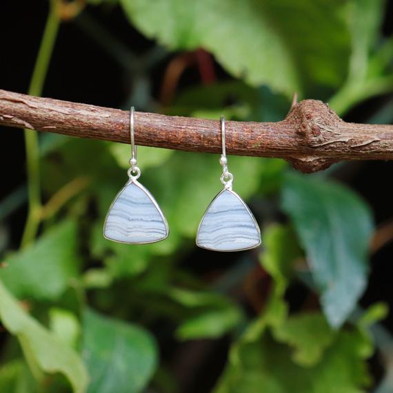 Beautiful Looking 925 Silver Earrings With Blue Lace Agate Gemstone Natural Dangle Drop Earrings For Anniversary Gift, Fancy Silver Earrings