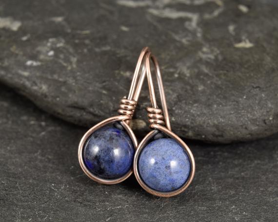 Blue Sunset Dumortierite Gemstone Bead Wire Wrapped Earrings | Beaded Drop Earrings | Oxidised Copper Earrings | Everyday Earrings
