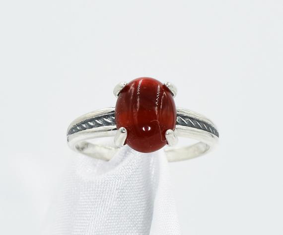Red Carnelian Ring, Something Red, Genuine 10x8mm Cabochon Oval, Set In  925 Sterling Silver Antiqued Rope Mounting