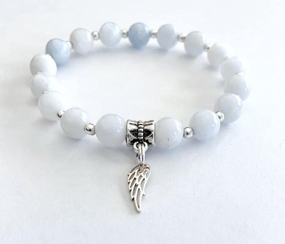 Celestite Meditation Mindfulness Angel Wing Prayer Calming  Sterling Silver Stretch Bracelet