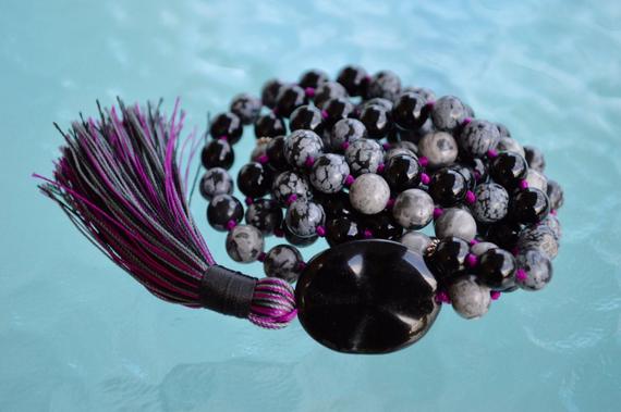 Snowflake Obsidian Mala Beads Necklace – 108 Prayer Beads Mala  – Beaded Mala – Japa Mala