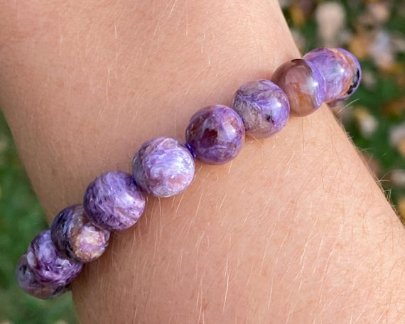 Charoite Gemstone Bracelet 10mm Purple Chatoyant Crystal Healing Jewelry Stretchy Beaded Bracelet  Round Beads #1