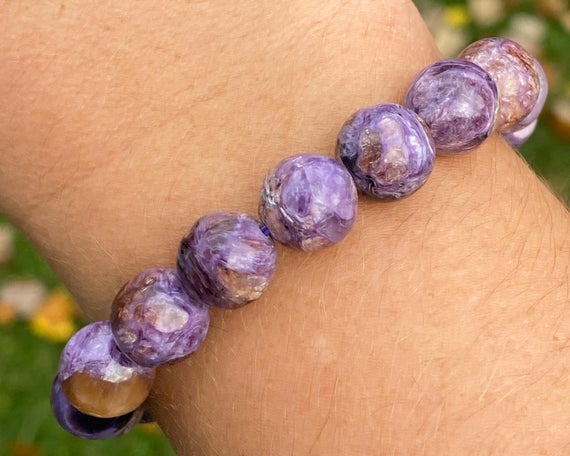Charoite Gemstone Bracelet 11mm Purple Chatoyant Crystal Healing Jewelry Stretchy Beaded Bracelet  Round Beads #4