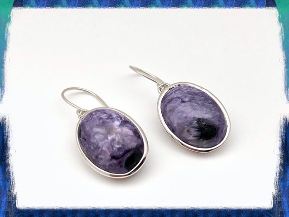 Charoite Silver Earrings - Simple Oval Setting - Purple Charoite Earrings