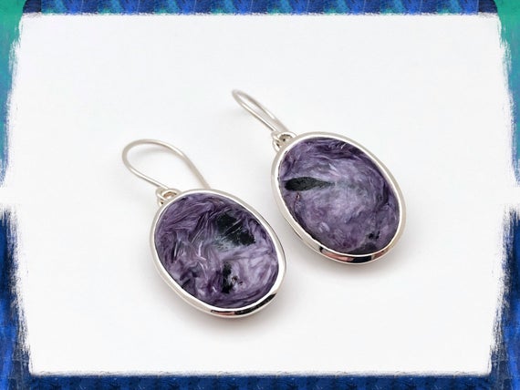 Charoite Earrings - Sterling Silver - Simple Oval Setting - Purple Charoite Earrings