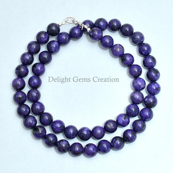 On Sale Charoite Beaded Necklace, 8mm Charoite Smooth Round Beads Necklace, Statement Necklace, Majestic Birthday Gift For Her