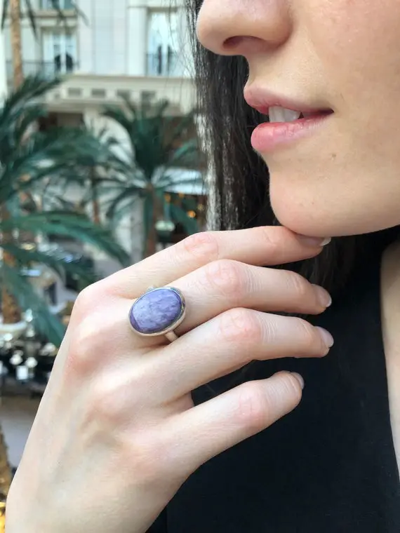 Large Oval Ring, Charoite Ring, Statement Purple Ring, Gemini Birthstone, Retro Ring, Large Purple Ring, Outstanding Ring, Solid Silver Ring