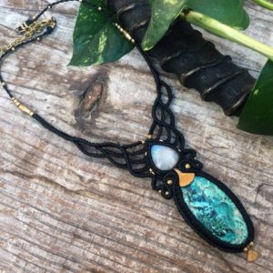 Shop Azurite Necklaces! CHRYSOCOLLA AZURITE Necklace, Gemstone necklace, Vintage design, Handmade necklace, Gypsy tribal, Elegant macrame, MOONSTONE necklace, Boho | Natural genuine Azurite necklaces. Buy crystal jewelry, handmade handcrafted artisan jewelry for women.  Unique handmade gift ideas. #jewelry #beadednecklaces #beadedjewelry #gift #shopping #handmadejewelry #fashion #style #product #necklaces #affiliate #ad