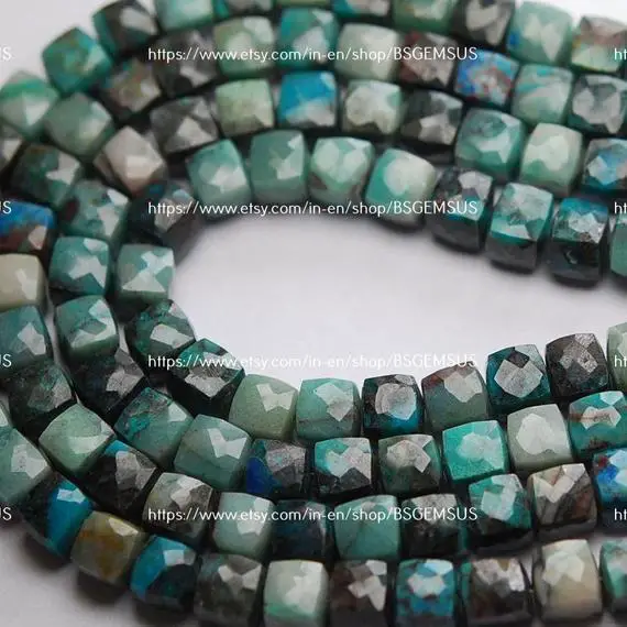 8 Inches Strand,natural Chrysocolla Faceted Box Shape, Size.7-6.5mm