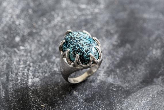 Chrysocolla Ring, Natural Chrysocolla, Statement Ring, Vintage Ring, Sagittarius Ring, Large Stone Ring, Blue Ring, Silver Ring, Chrysocolla