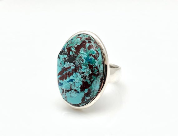 Chrysocolla Ring Size 6.5 Adjustable - Blue Green Chrysocolla Silver Ring - Chrysocolla Stone Ring -- 925 Sterling Silver - Turquoise