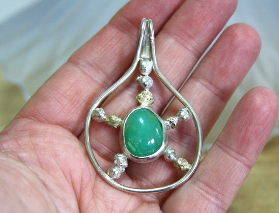 Clearance - Large Natural Green Chrysoprase Bezel Set Pendant Solid Sterling Silver , Healing Gem , Wedding ,  18th Anniversary