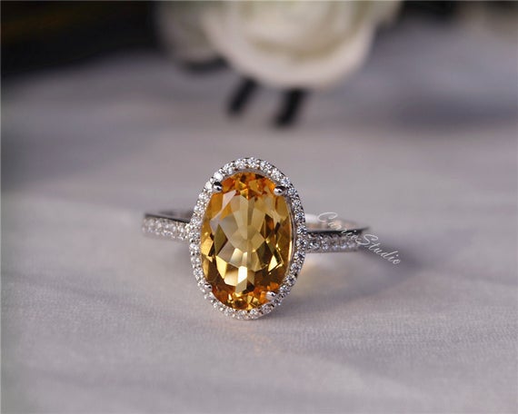 Vintage Halo Citrine Ring/8*12 Oval Cut Yellow Citrine Engagement Ring/november Birthstone Ring/sterling Silver Statement Ring Gift For Her