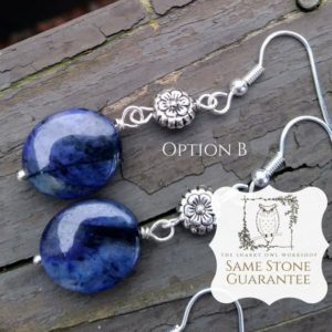 Cobalt Blue Earrings Flower Dumortierite Stone Silver Statement Earrings | Denim blue electric blue natural gemstone | Choose oval or round | Natural genuine Dumortierite earrings. Buy crystal jewelry, handmade handcrafted artisan jewelry for women.  Unique handmade gift ideas. #jewelry #beadedearrings #beadedjewelry #gift #shopping #handmadejewelry #fashion #style #product #earrings #affiliate #ad