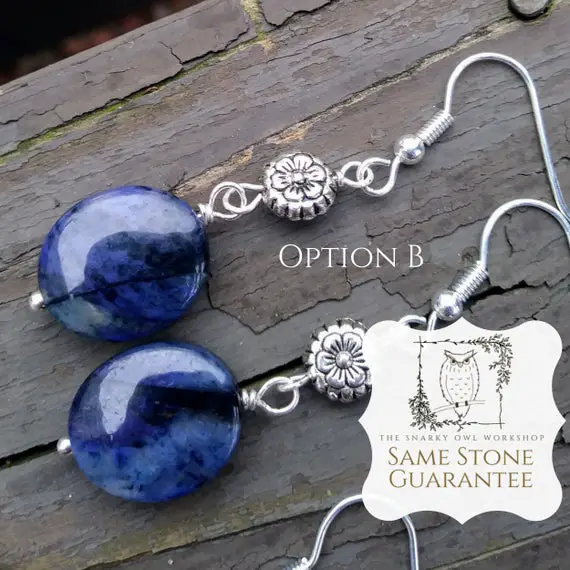 Cobalt Blue Earrings Flower Dumortierite Stone Silver Statement Earrings | Denim Blue Electric Blue Natural Gemstone | Choose Oval Or Round