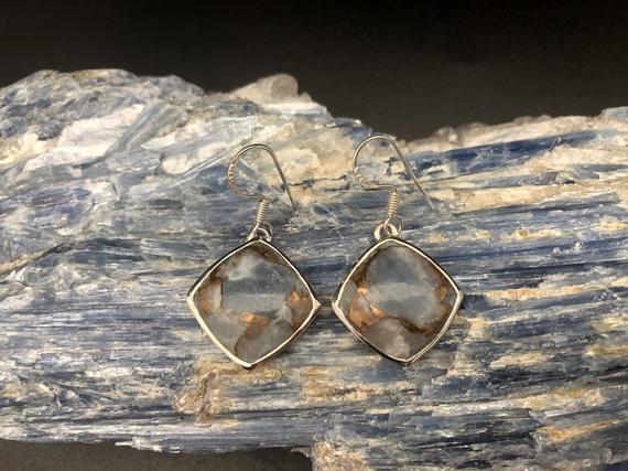 Copper Calcite Earrings // Copper Calcite Silver Earrings // Calcite Earrings // Simple Square Sterling Silver Setting