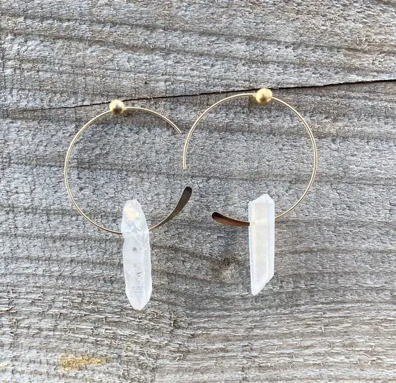 Crystal Hoop Earrings, Angel Aura Earrings, Quartz Hoop Earrings, Crystal Point Earrings, Raw Stone Jewelry, Open Hoop Earrings, Boho