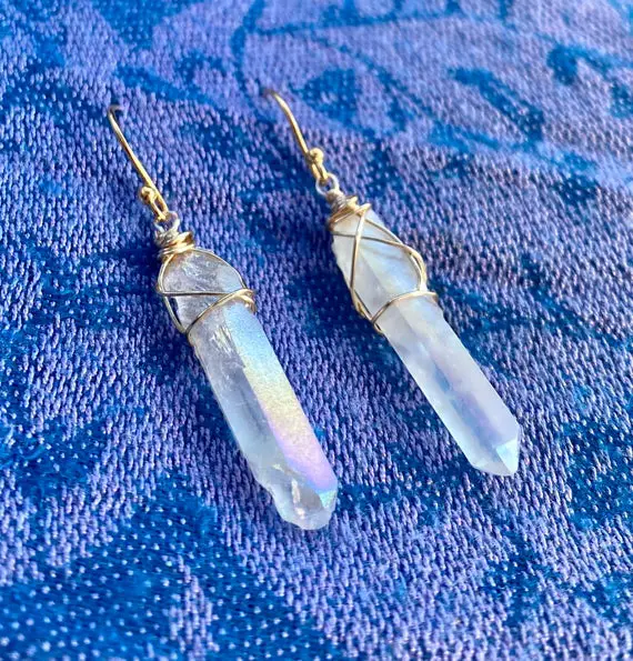 Crystal Point Earrings, Angel Aura Earrings, Small Crystal Point, Clear Quartz, Rainbow Crystal Earrings, Healing Crystal, Lavender Crystal