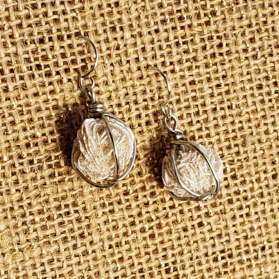 Desert Rose Selenite Earrings: Wire Wrapped Selenite Balls White And Beige Bladed Roses Mineral Specimen Earring Pair Hippie Boho Bohemian