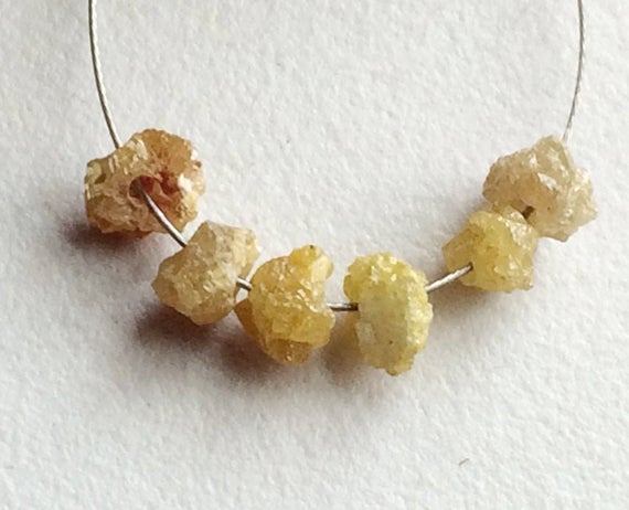 4-6mm Large Hole Yellow Rough Diamond Beads, 1mm Drilled Yellow Diamond Briolettes, Chain It And Wear It, Center Drilled, 6 Pc Loose Diamond