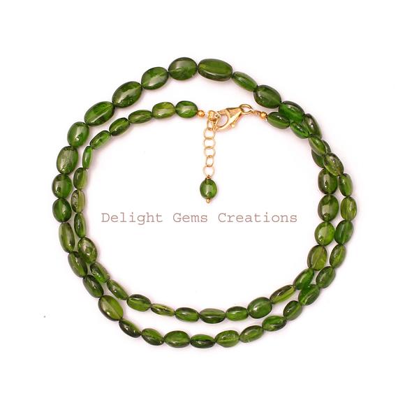 Natural Chrome Diopside Beaded Necklace, 7x5-10x6mm Chrome Diopside Smooth Oval Bead Necklace, Sterling Silver Green Necklace, Gift For Her