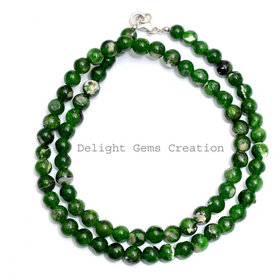 Natural Chrome Diopside Silver Necklace, 6-6.5mm Smooth Round Beads Necklace, Green Stone Chrome Diopside Jewelry, 18 Inches Necklace