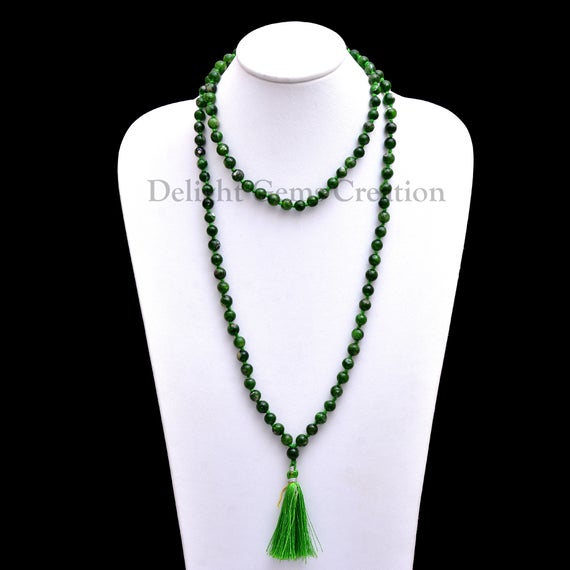 On Sale Chrome Diopside 108 Beads Mala Necklace, 6 Mm Round Beads, Hand Knotted Beads Tassel Necklace, Meditation Mala, Wrap Mala Necklace