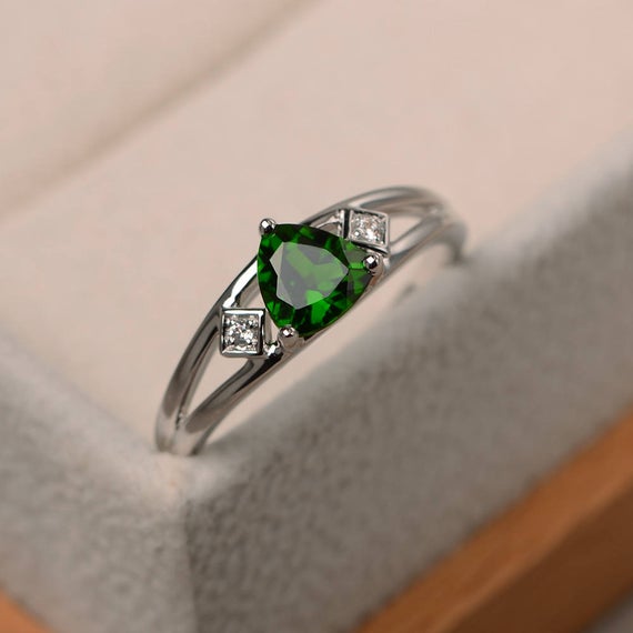 Natural Chrome Diopside Ring, Promise Ring, Trillion Cut Green Gemstone, Sterling Silver Ring