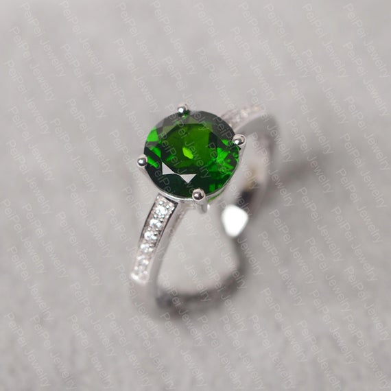 Diopside Ring Sterling Silver Engagement Ring Round Cut Green Gemstone Ring