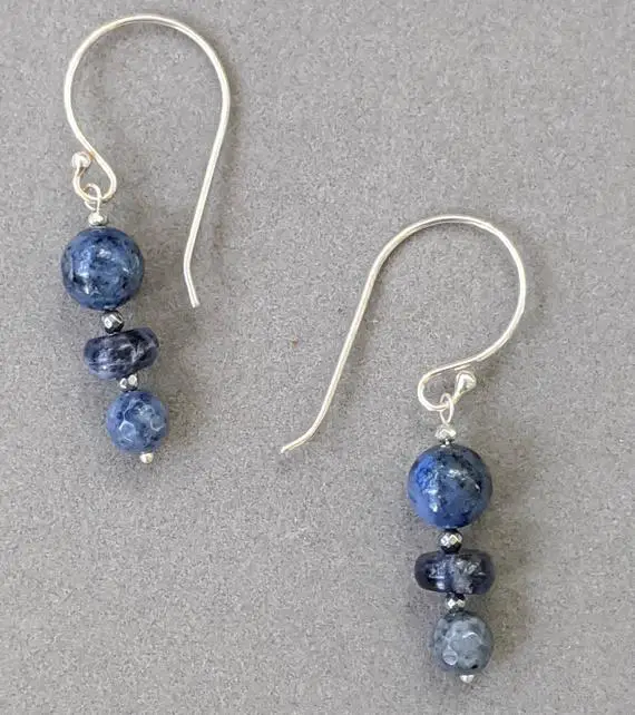 Dumortierite And Sodalite Blue Grays Cascade From Curvy Sterling Silver Earwires