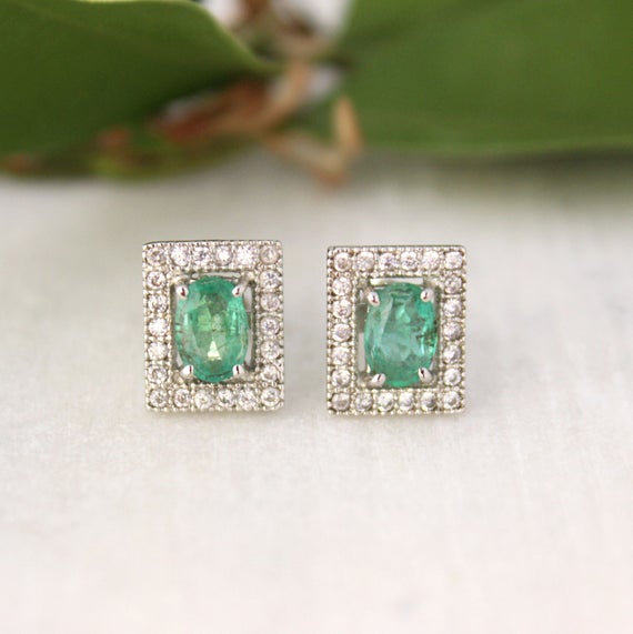Natural Emerald Earrings-natural Emerald Vintage Stud-emerald Art Deco Earrings-emerald Cluster Rectangle Stud-may Birthstone-natural Gemstn